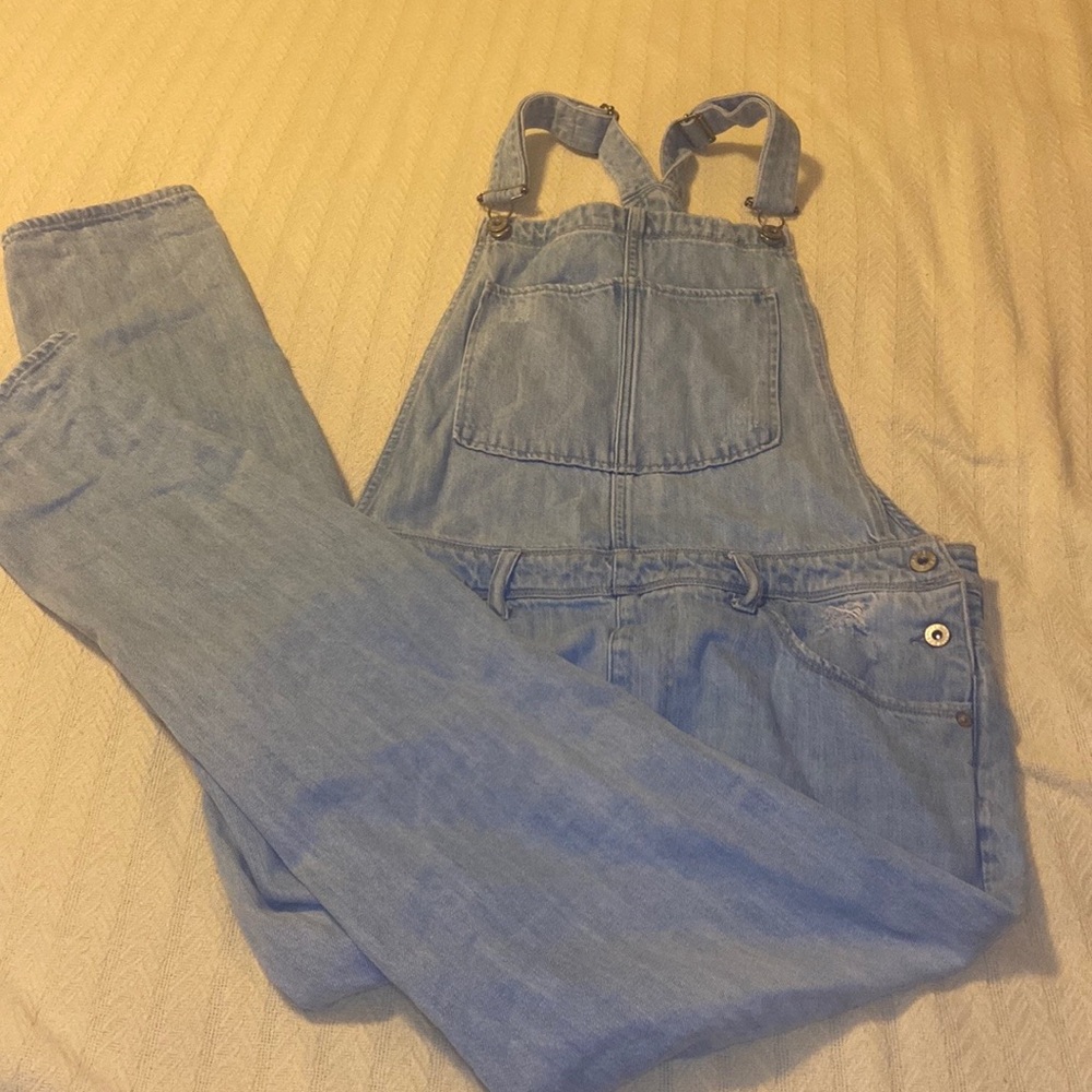 Denim and denim faded distressed blue jean overalls 6